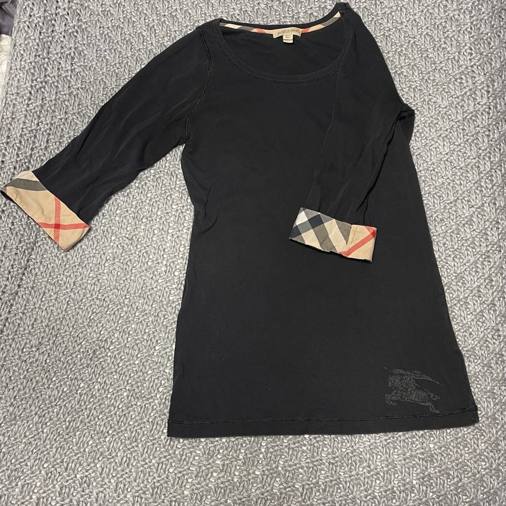 Burberry Black Brit Long Check Plaid 3/4 Sleeve S Blouse